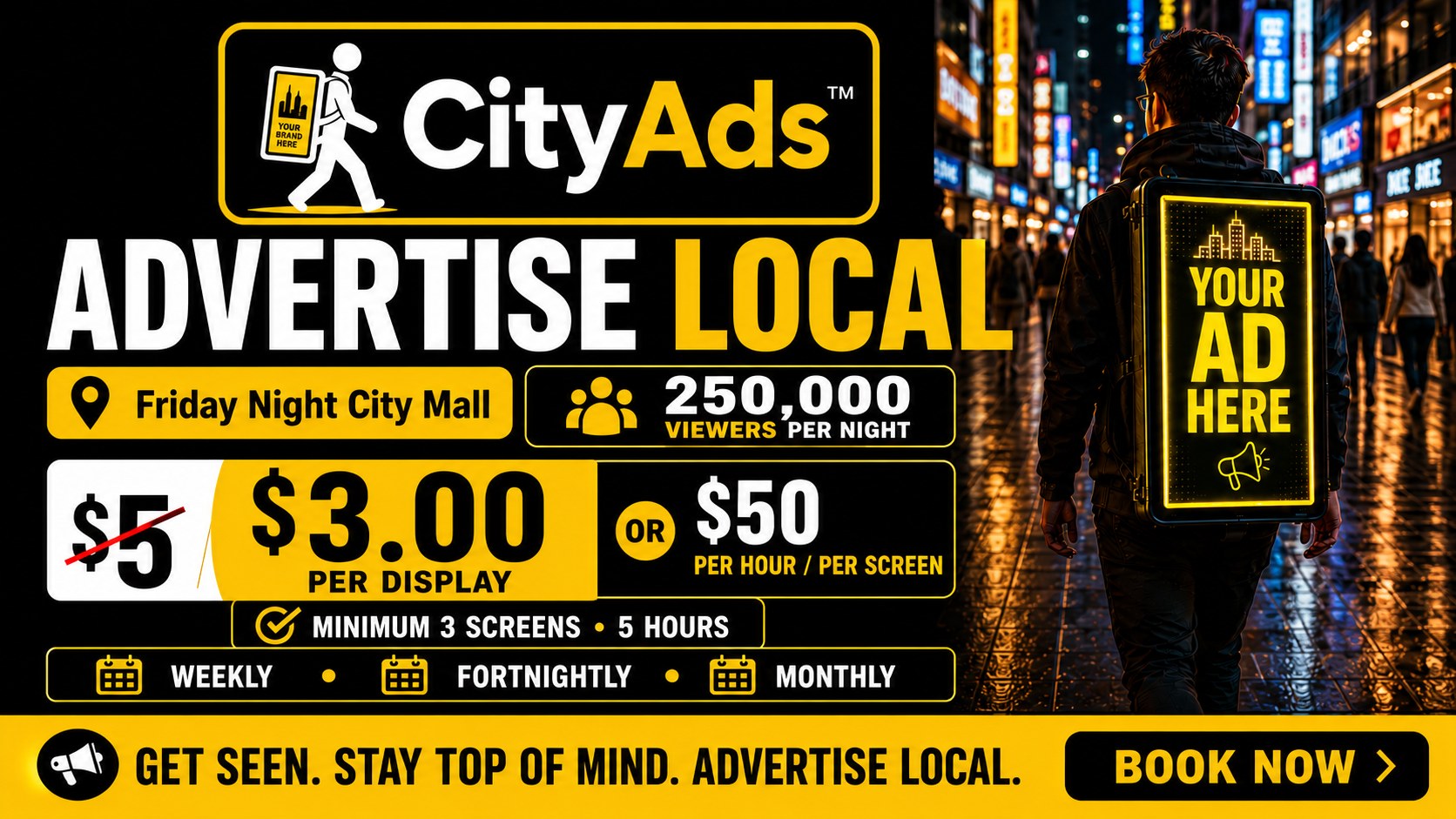 CityAds website pricing banner showing $3.00 per display and $50 per hour per screen