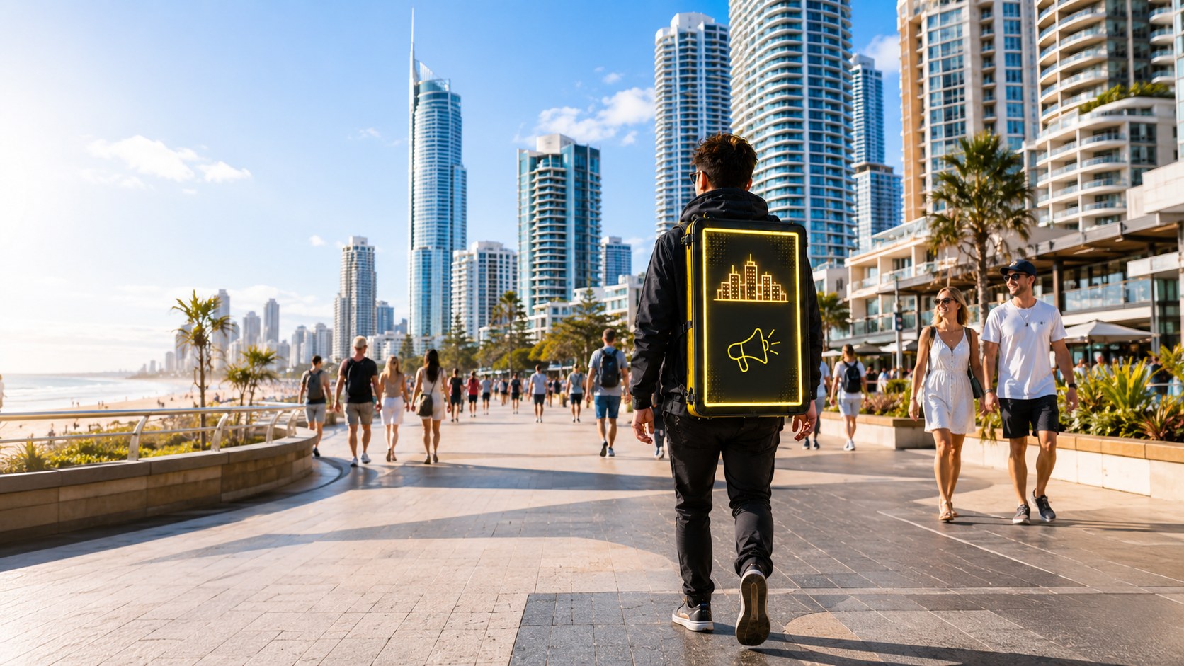 Walking billboard advertising in Gold Coast city and Surfers Paradise style locations